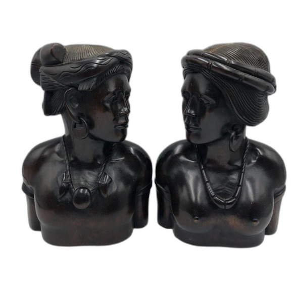 Vintage Set of 2 Wood Carved Busts Figurines Tribal Tabletop Brown Male Female - Picture 1 of 13